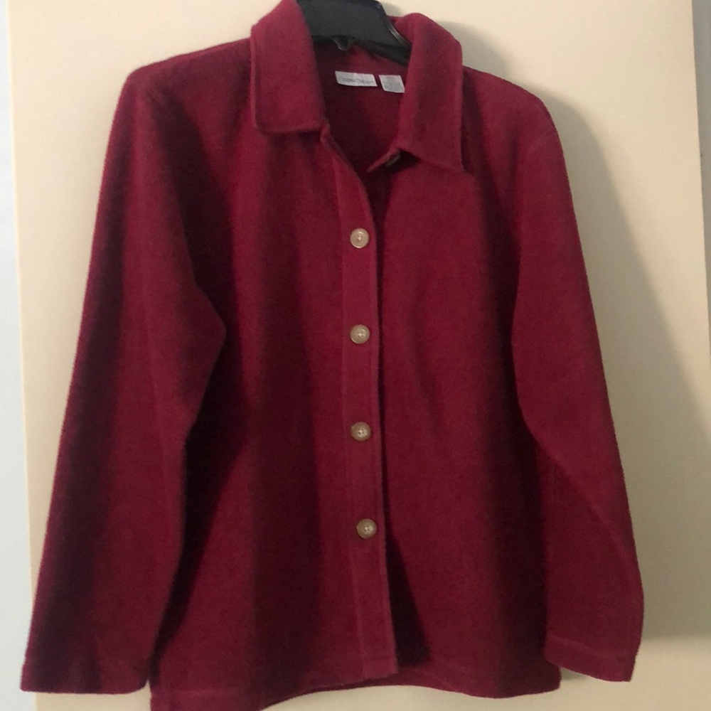Size small Cranberry button down fleece jacket by cabin creek.